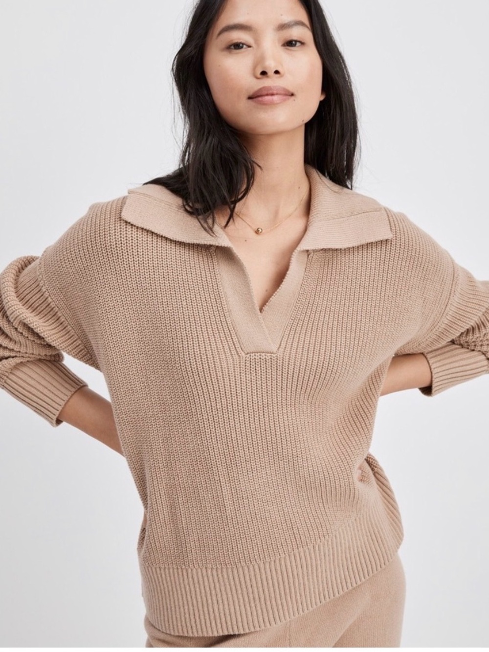 Haven Well Within Collared V-Neck Knit Sweater, Tan Brown, Women’s Size XS
